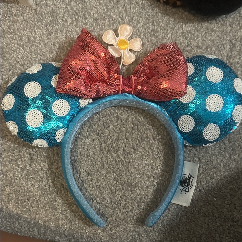 Disney Teal Sequin Ears with Red Bow